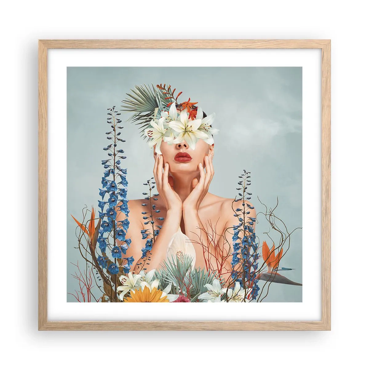 Pôster com moldura de carvalho claro - Mulher – flor - 50x50 cm