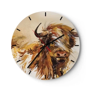 Relógio de parede - Relógio em vidro - Uma ilustração pintada de um touro escocês com pelo esvoaçante - 30x30cm - Orgulho do caçador - Decoração de parede moderna para a sala de estar, cozinha e quarto ARTTOR