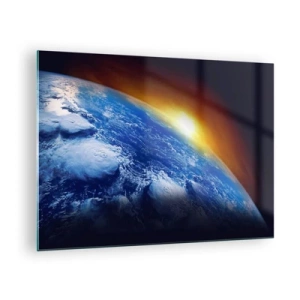 Quadro em vidro - Terra no espaço iluminada pelos raios do sol - 70x50cm - Nascer do sol sobre o planeta azul - Decoração de parede moderna para a sala de estar e quarto ARTTOR