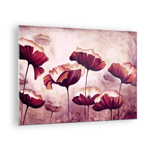 Quadro em vidro - Papoilas vermelhas e brancas contra um céu brilhante - 70x50cm - Pétala vermelha e branca - Decoração de parede moderna para a sala de estar e quarto ARTTOR