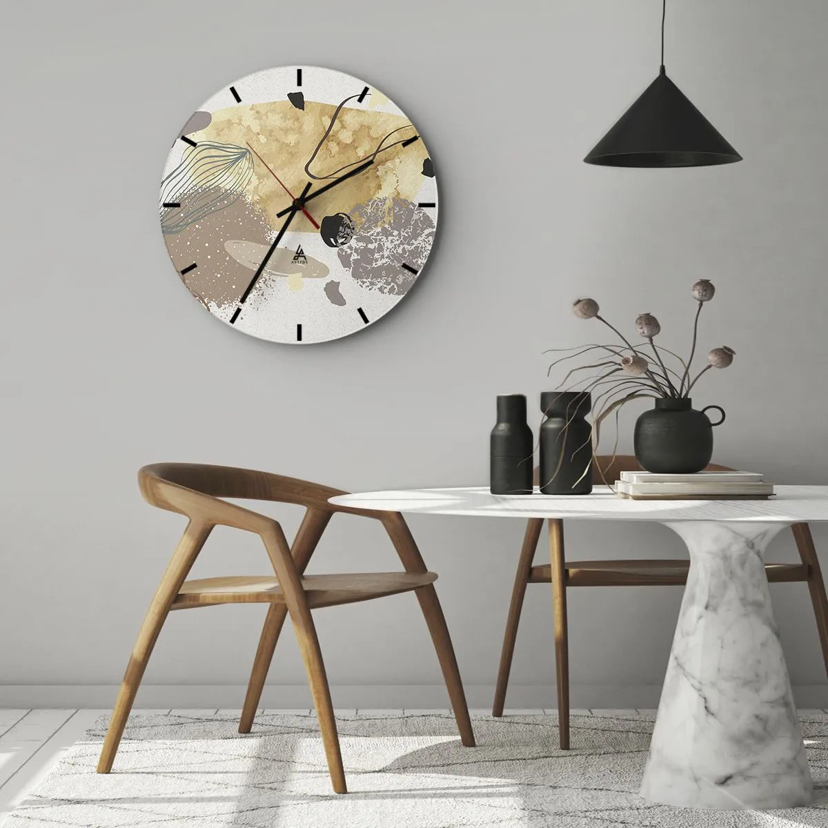 Relógio de parede - Relógio em vidro - Abstração artística em tons de bege e marrom - 30x30cm - Plumcologia aplicada - Decoração de parede moderna para a sala de estar, cozinha e quarto ARTTOR
