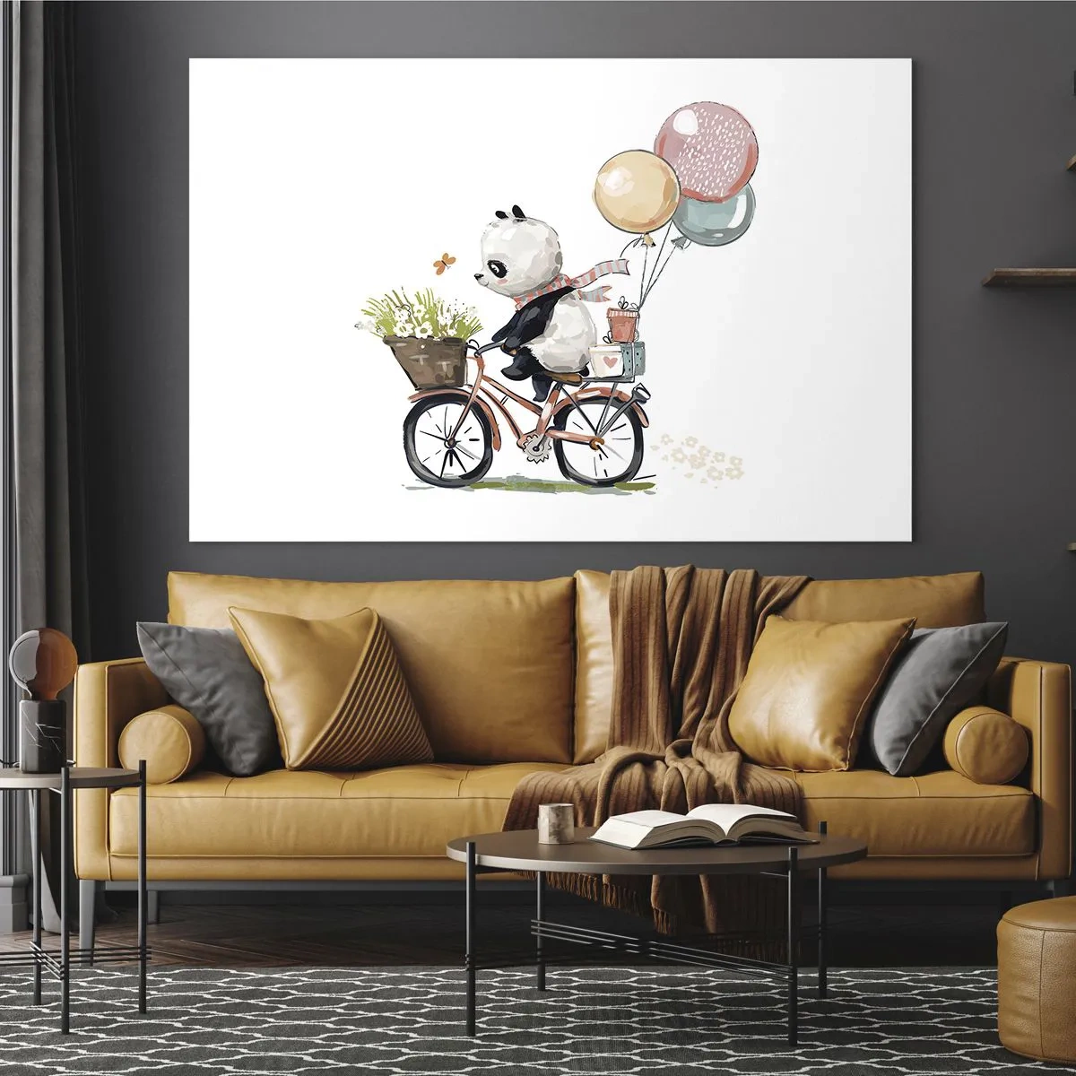Quadro em vidro - Um panda andando de bicicleta com balões e uma cesta de flores. - 70x50cm - Dia feliz - Decoração de parede moderna para a sala de estar e quarto ARTTOR