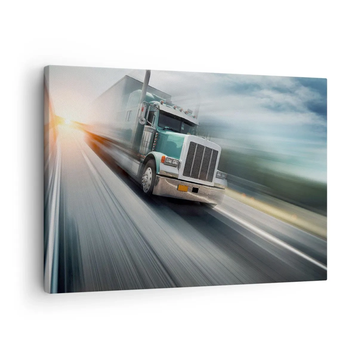 Quadro em tela - Um caminhão na rodovia em movimento ao pôr do sol - 70x50cm - Gigante americano com pressa - Decoração de parede moderna para a sala de estar e quarto ARTTOR