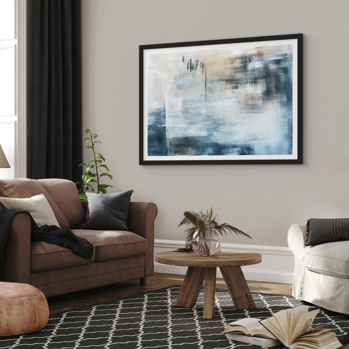 Pôster com moldura preta - Atrás da cortina azul - 70x50 cm