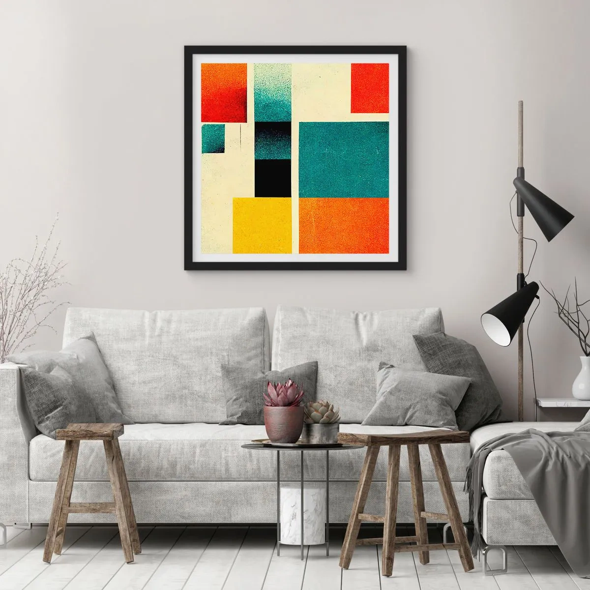 Pôster com moldura preta - Abstração geométrica – boa energia - 30x30 cm