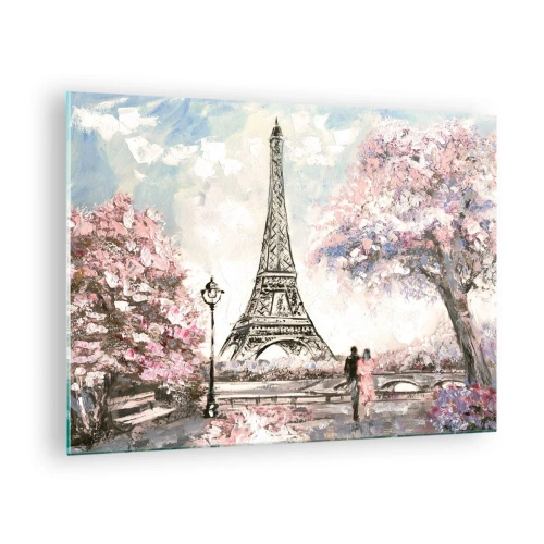 Quadro em vidro - Ilustração da Torre Eiffel em um cenário de primavera - 70x50cm - Caminhada de abril por Paris - Decoração de parede moderna para a sala de estar e quarto ARTTOR