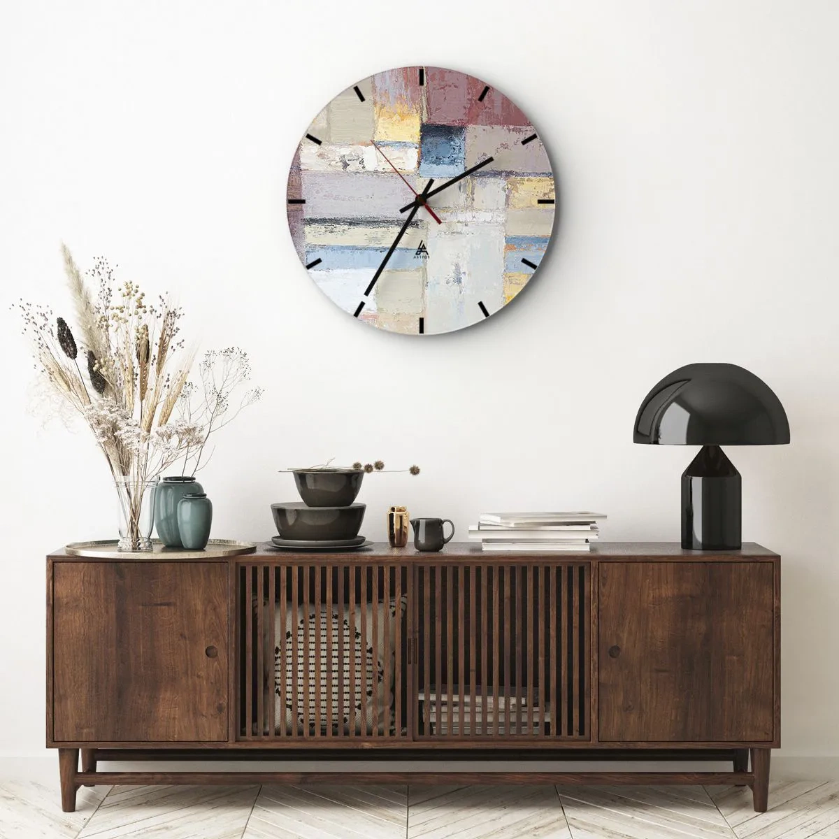 Relógio de parede - Relógio em vidro - Composição geométrica abstrata em cores pastel - 30x30cm - A paz da geometria - Decoração de parede moderna para a sala de estar, cozinha e quarto ARTTOR