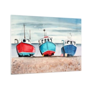 Quadro em vidro - Três barcos de pesca coloridos na praia - 70x50cm - Pronto para pescar - Decoração de parede moderna para a sala de estar e quarto ARTTOR