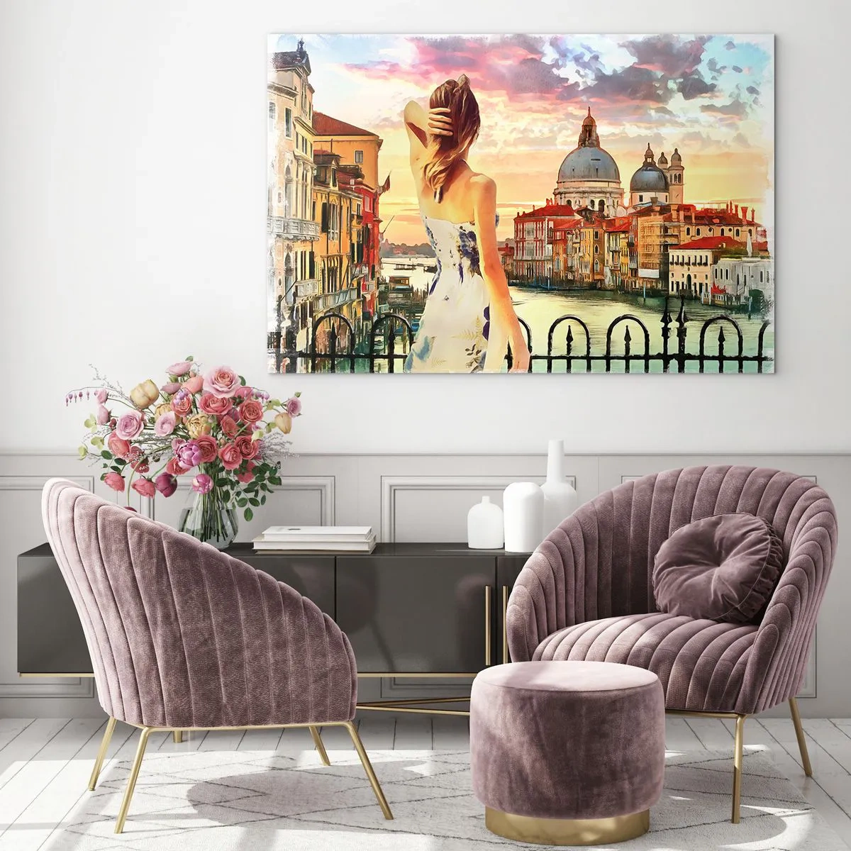 Quadro em vidro - Uma mulher admira a vista de Veneza ao pôr do sol. - 70x50cm - Aventura de verdade somente em ... - Decoração de parede moderna para a sala de estar e quarto ARTTOR