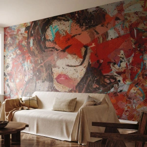 Papel de Parede Standard Eco - Retrato abstrato de uma mulher em cores quentes - 100x70cm - Ninguém realmente me conhece  - Decoração de parede moderna para a sala de estar e quarto ARTTOR