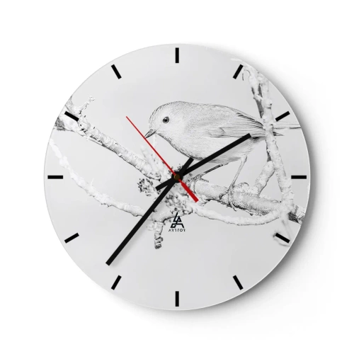 Relógio de parede - Relógio em vidro - Um pássaro em um galho nevado em um estilo monocromático esboçado. - 30x30cm - Manhã de inverno - Decoração de parede moderna para a sala de estar, cozinha e quarto ARTTOR