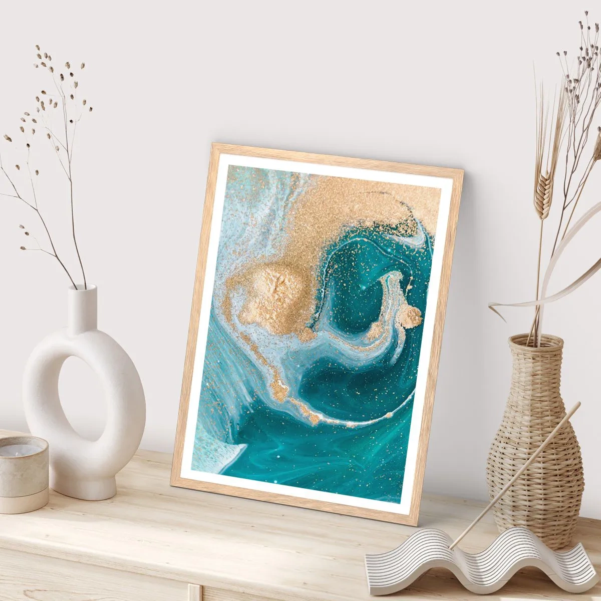 Pôster com moldura de carvalho claro - Um vórtice de ouro e turquesa - 30x40 cm