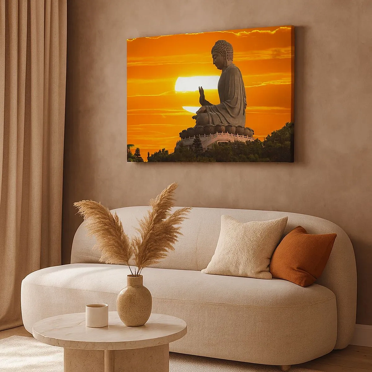 Quadro em tela - Uma estátua budista tendo como pano de fundo um pôr do sol laranja - 70x50cm - Sem medo do mundo - Decoração de parede moderna para a sala de estar e quarto ARTTOR
