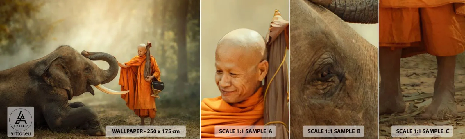 Amostra de papel de parede autocolante Deluxe Sticker - Encontro na viagem - Ásia, Elefante, Monge - 100x30 cm