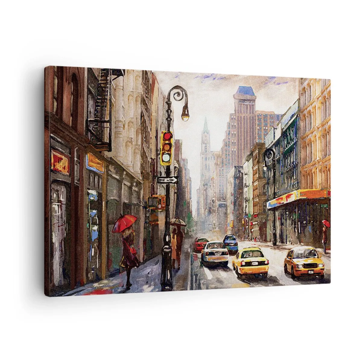 Quadro em tela - Paisagem urbana com uma rua e táxis amarelos - 70x50cm - Nova York – colorida também na chuva  - Decoração de parede moderna para a sala de estar e quarto ARTTOR