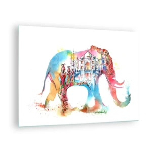 Quadro em vidro - Pintura em aquarela colorida de um elefante com um motivo indiano - 70x50cm - Índia - uma aura de amor - Decoração de parede moderna para a sala de estar e quarto ARTTOR