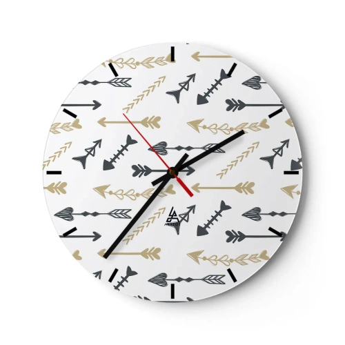 Relógio de parede - Relógio em vidro - Padrão decorativo com várias setas em um fundo branco - 30x30cm - O sonho do arqueiro - Decoração de parede moderna para a sala de estar, cozinha e quarto ARTTOR