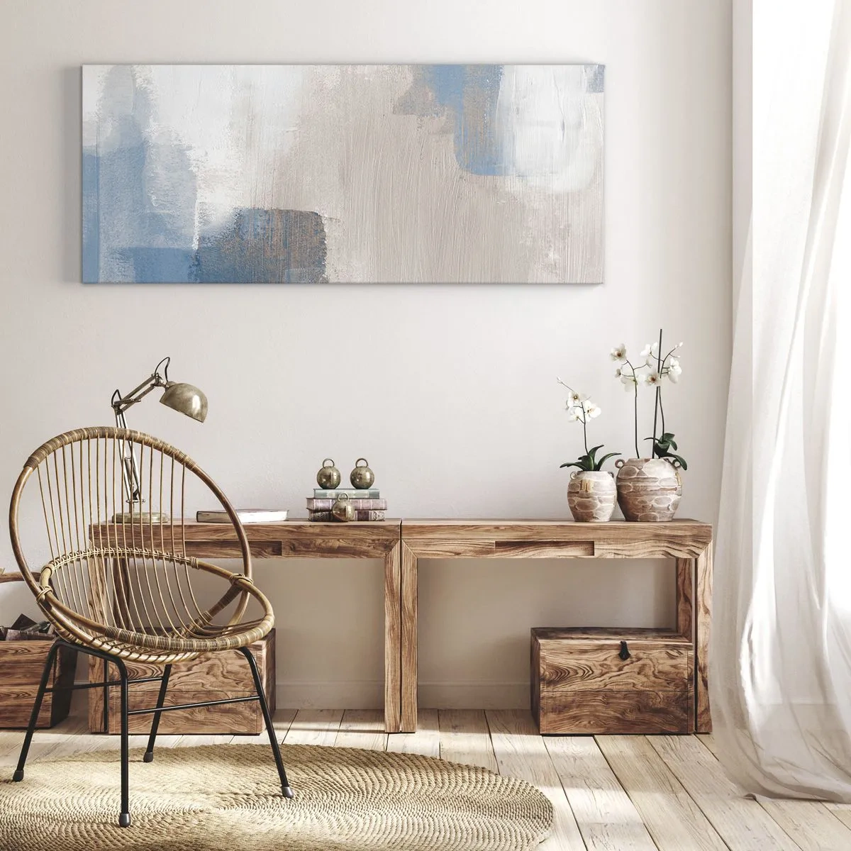 Quadro em tela - Abstração rosa atrás da cortina azul - 100x40 cm
