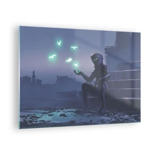 Quadro em vidro - Uma figura no escuro cercada por pássaros verdes flutuantes - 70x50cm - A vida vai voltar - Decoração de parede moderna para a sala de estar e quarto ARTTOR