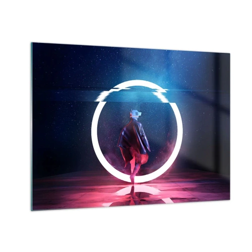 Quadro em vidro - Uma figura em um cenário futurista com um anel de neon - 70x50cm - Entre Mundos - Decoração de parede moderna para a sala de estar e quarto ARTTOR