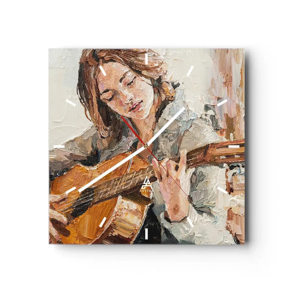 Relógio de parede - Relógio em vidro - Concerto de violão e coração de rapariga - 40x40 cm