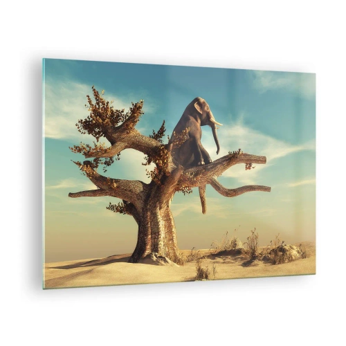 Quadro em vidro - Um elefante sentado em uma árvore contra um fundo desértico - 70x50cm - Um novo ponto de vista - Decoração de parede moderna para a sala de estar e quarto ARTTOR