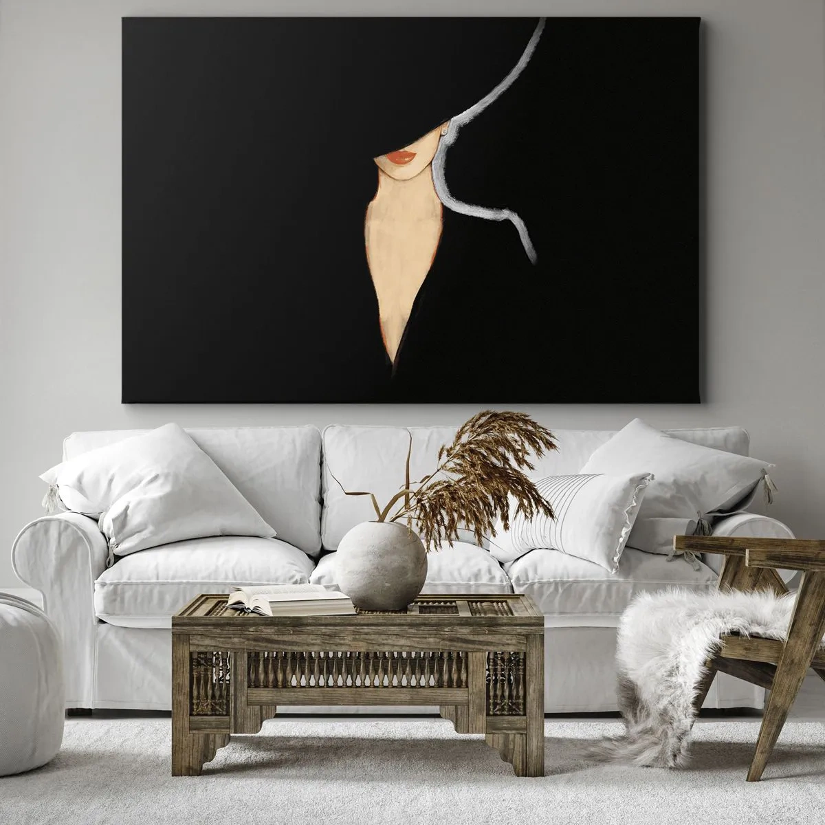 Quadro em tela - Silhueta de uma mulher com um chapéu em um fundo preto - 70x50cm - Elegância e estilo - Decoração de parede moderna para a sala de estar e quarto ARTTOR