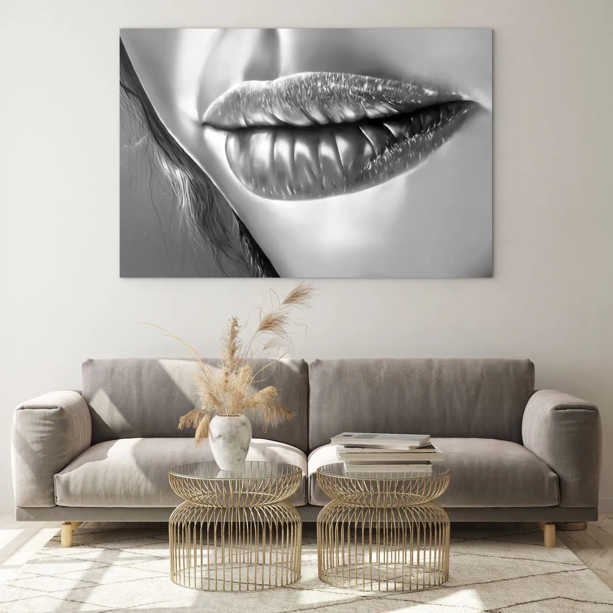 Quadro em vidro - Lábios femininos sensuais em tons monocromáticos - 70x50cm - Eu sei o que está a pensar... - Decoração de parede moderna para a sala de estar e quarto ARTTOR