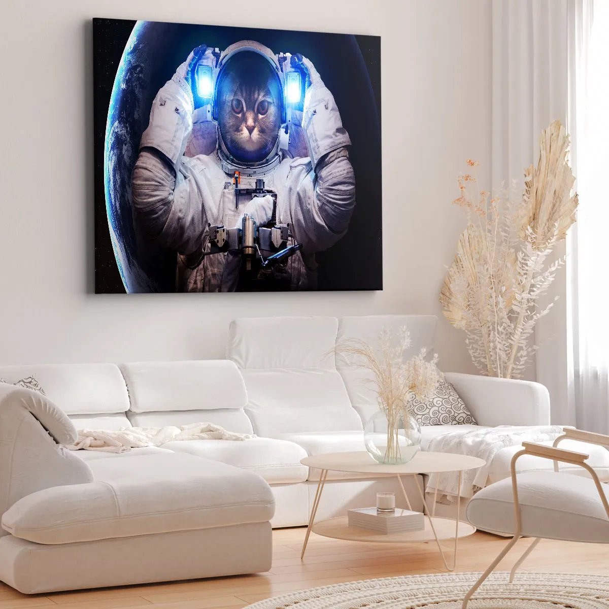 Quadro em tela - Um gato em um traje de astronauta com a Terra ao fundo e uma luz brilhante. - 70x50cm - Houston, temos um problema - Decoração de parede moderna para a sala de estar e quarto ARTTOR