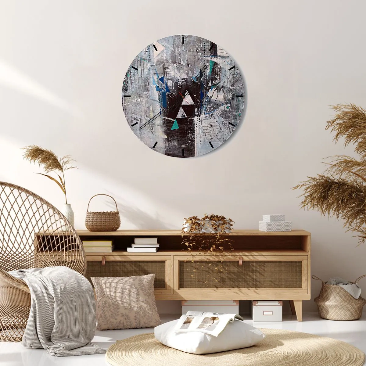 Relógio de parede - Relógio em vidro - Uma pintura abstrata em tons de cinza e azul - 30x30cm - A ordem superior dos triângulos - Decoração de parede moderna para a sala de estar, cozinha e quarto ARTTOR