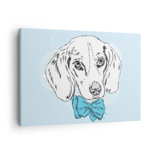 Quadro em tela - Gráfico adorável de um cachorro com uma gravata borboleta em um fundo pastel - 70x50cm - Elegância canina - Decoração de parede moderna para a sala de estar e quarto ARTTOR