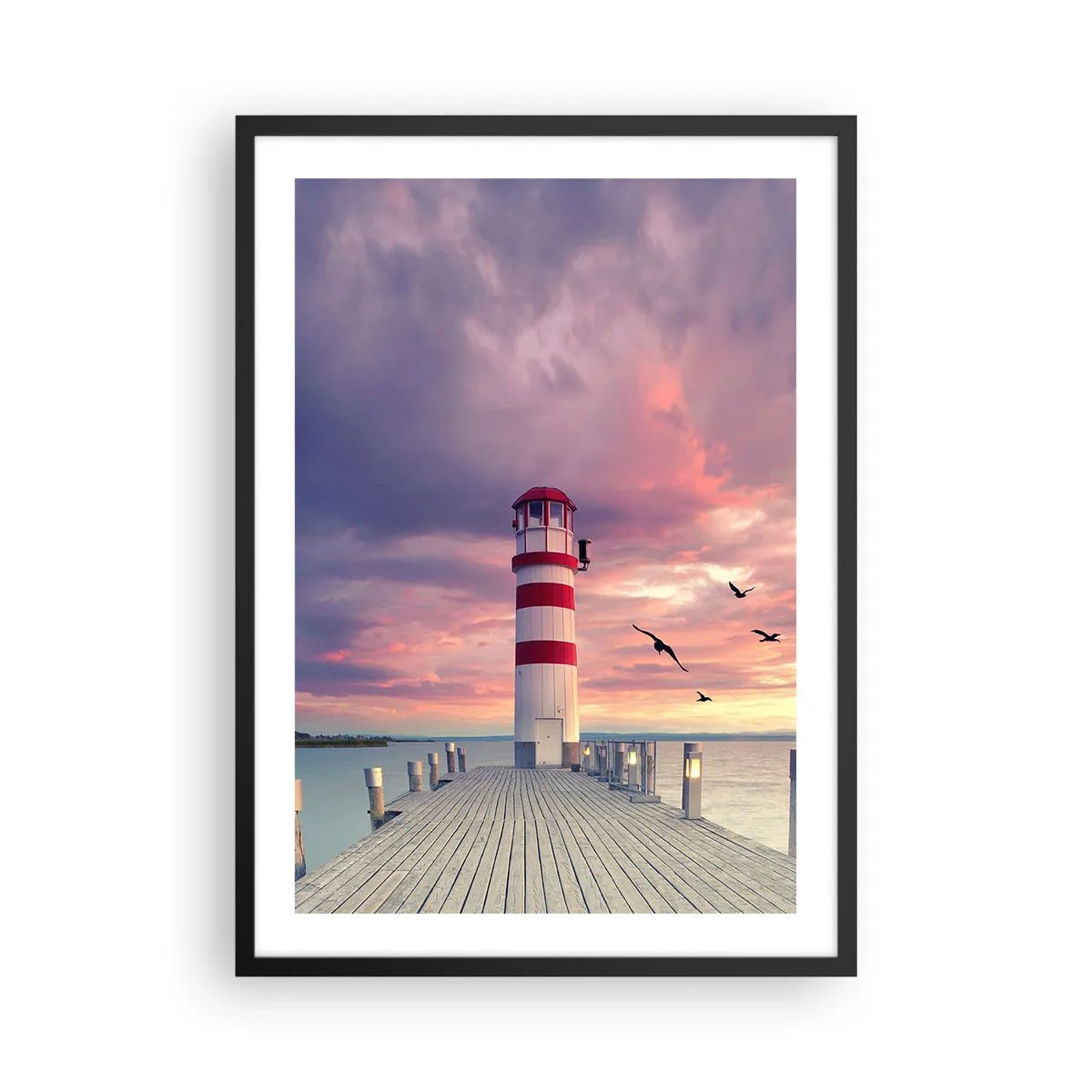 Pôster com moldura preta - Farol com o pôr do sol como pano de fundo - 50x70cm - Hora de ir ao porto - Decoração de parede moderna para a sala de estar e quarto ARTTOR