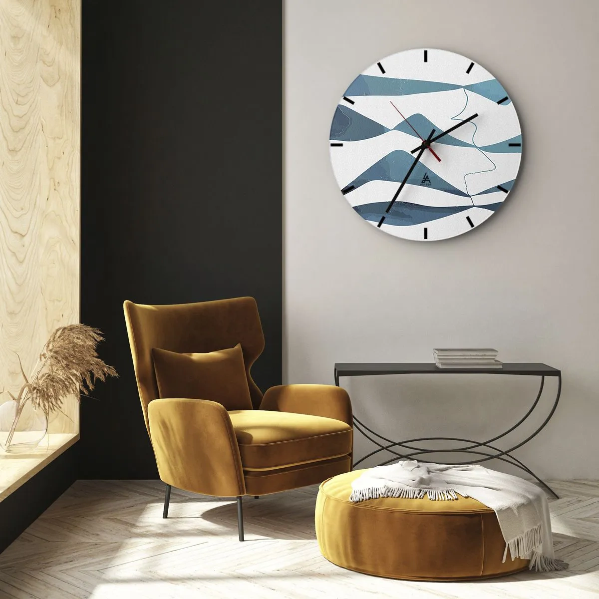 Relógio de parede - Relógio em vidro - Ondas e linhas abstratas sobre fundo branco em tons de turquesa - 30x30cm - Abstração: composto turquesa - Decoração de parede moderna para a sala de estar, cozinha e quarto ARTTOR