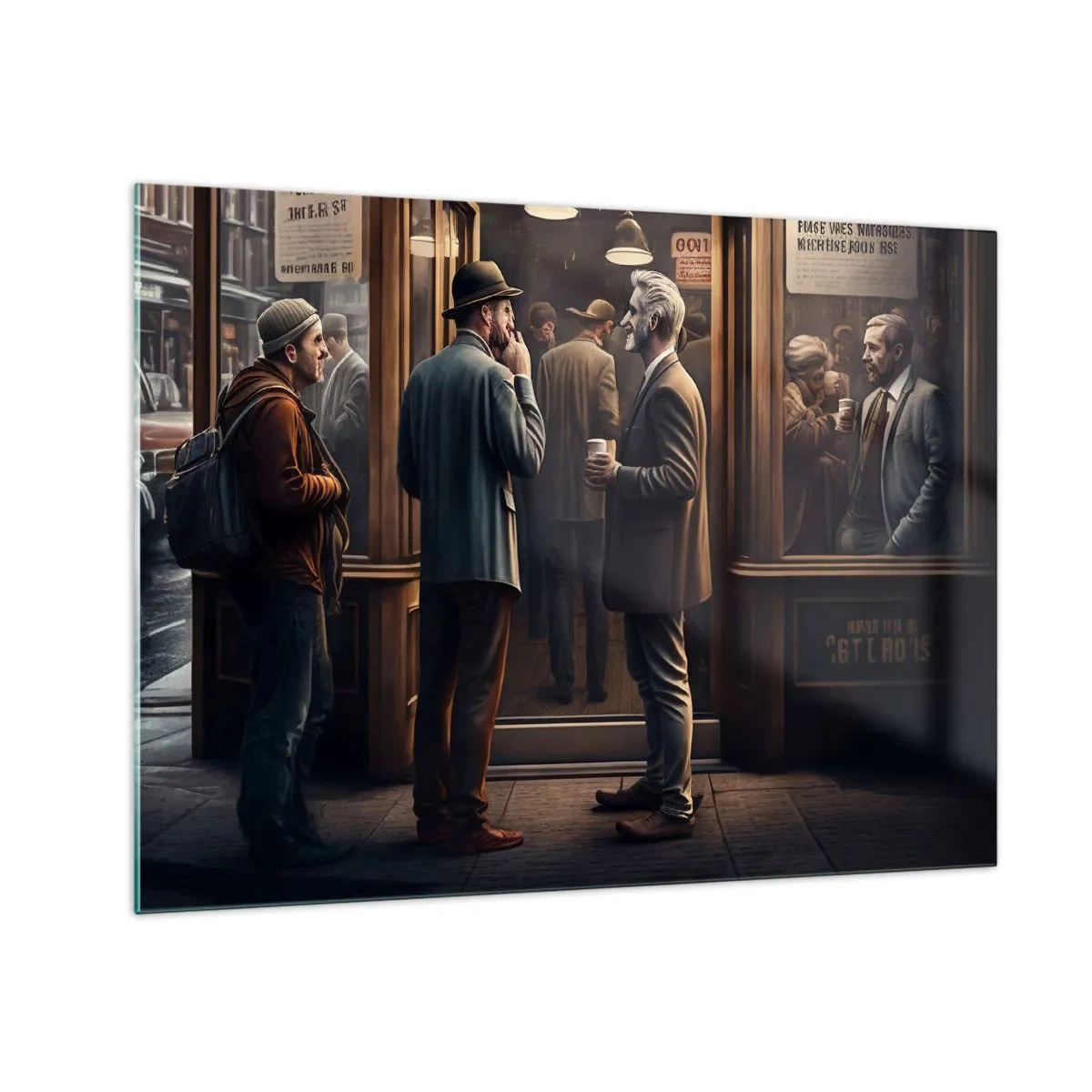 Quadro em vidro - Homens conversando do lado de fora de um café em um ambiente urbano retrô - 70x50cm - Boa hora do dia - Decoração de parede moderna para a sala de estar e quarto ARTTOR