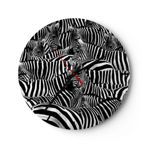 Relógio de parede - Relógio em vidro - Uma manada de zebras em uma composição em preto e branco - 30x30cm - Retrato de grupo em listras - Decoração de parede moderna para a sala de estar, cozinha e quarto ARTTOR