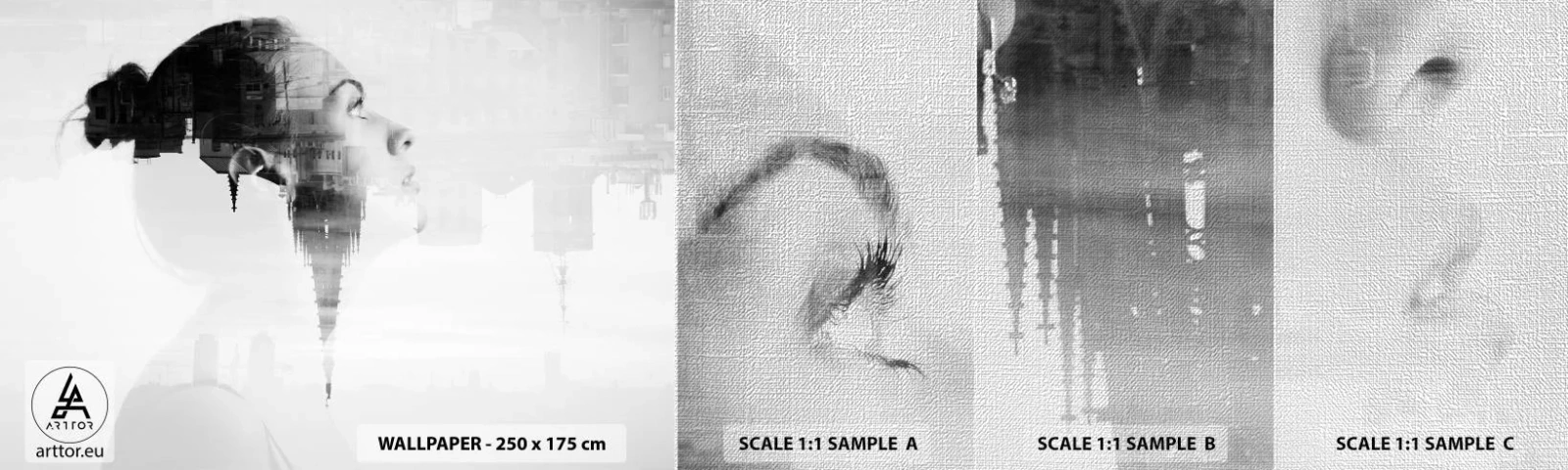 Amostra de papel de parede Premium Canvas - Em ambos os lados do vidro - Abstração, Rosto de mulher, Arquitetura - 100x30 cm