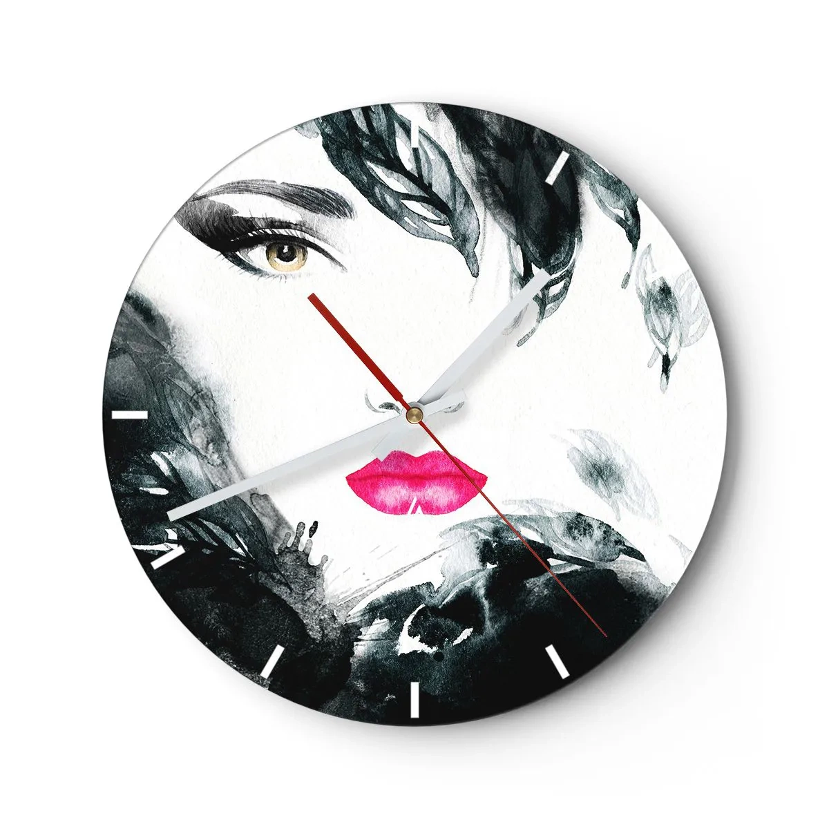 Relógio de parede - Relógio em vidro - Retrato artístico de uma mulher com lábios e olhos expressivos - 30x30cm - Atenção! Femme fatale - Decoração de parede moderna para a sala de estar, cozinha e quarto ARTTOR
