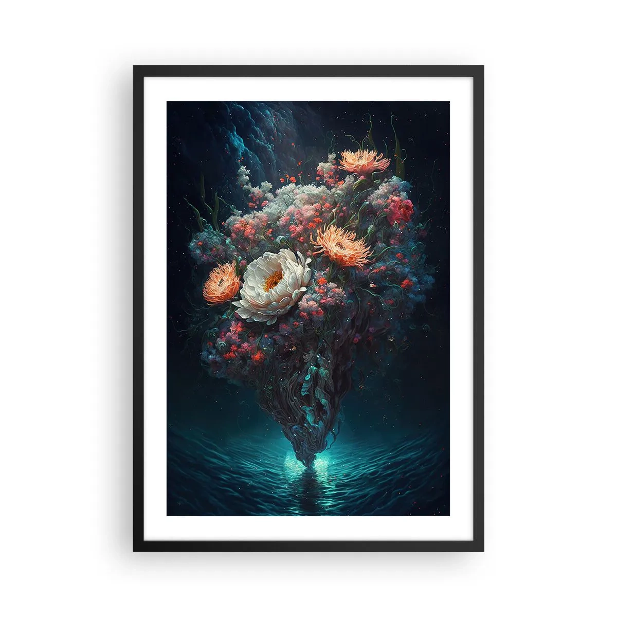 Pôster com moldura preta - Um arranjo mágico de flores flutuando sobre a água - 50x70cm - Um estranho jardim - Decoração de parede moderna para a sala de estar e quarto ARTTOR