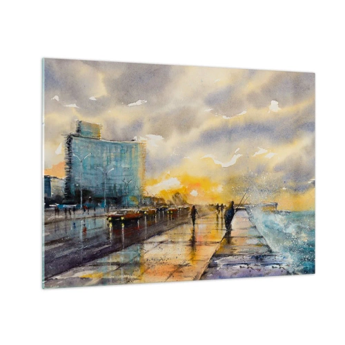 Quadro em vidro - Cidade litorânea em aquarela com pôr do sol - 70x50cm - A vida na costa - Decoração de parede moderna para a sala de estar e quarto ARTTOR