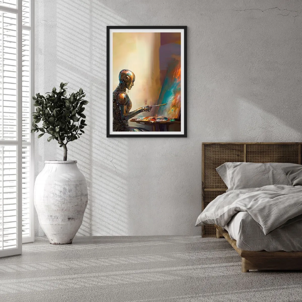 Pôster com moldura preta - Pintor robô em um cavalete em estilo futurista - 50x70cm - A arte do futuro - Decoração de parede moderna para a sala de estar e quarto ARTTOR