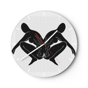 Relógio de parede - Relógio em vidro - Figuras simétricas em preto formando um coração com fogo no centro sobre um fundo claro. - 30x30cm - Uma alma comum - Decoração de parede moderna para a sala de estar, cozinha e quarto ARTTOR
