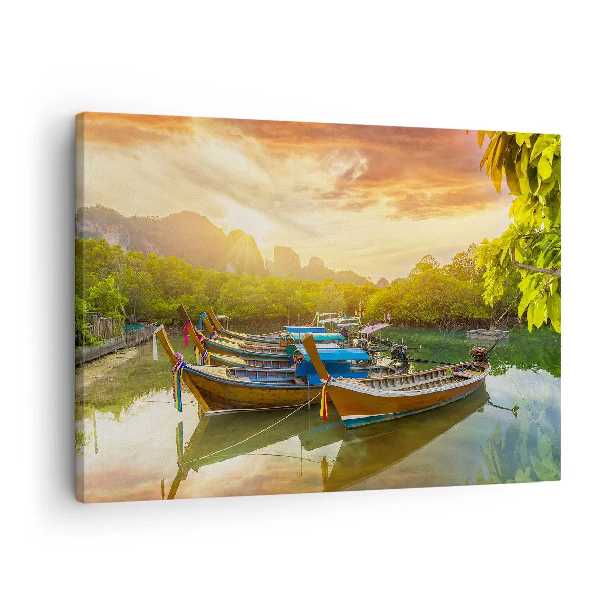 Quadro em tela - Barcos tradicionais em águas calmas ao pôr do sol - 70x50cm - Antes de um dia agitado - Decoração de parede moderna para a sala de estar e quarto ARTTOR
