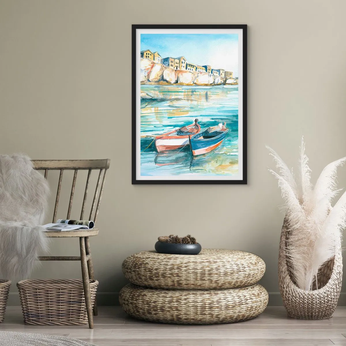 Pôster com moldura preta - Paisagem em aquarela com barcos na água e uma cidade litorânea - 50x70cm - Paisagem em azul - Decoração de parede moderna para a sala de estar e quarto ARTTOR