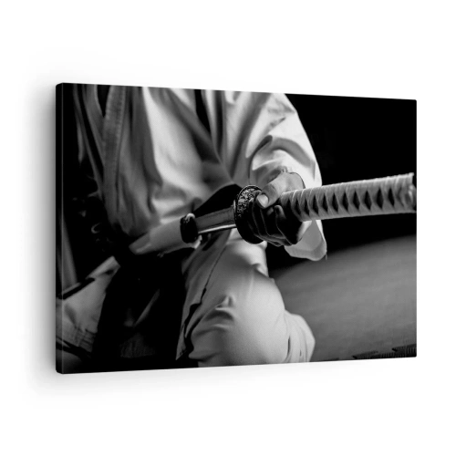 Quadro em tela - Um samurai de quimono segurando uma katana em preto e branco. - 70x50cm - Alma guerreira - Decoração de parede moderna para a sala de estar e quarto ARTTOR