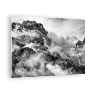 Quadro em vidro - Montanhas pretas e brancas com neblina nos vales - 70x50cm - Bonitas e cruéis - Decoração de parede moderna para a sala de estar e quarto ARTTOR