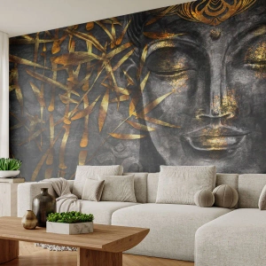 Papel de Parede Standard Eco - Uma imagem dourada de Buda sobre um fundo escuro com bambu - 100x70cm - Sinta a paz - Decoração de parede moderna para a sala de estar e quarto ARTTOR
