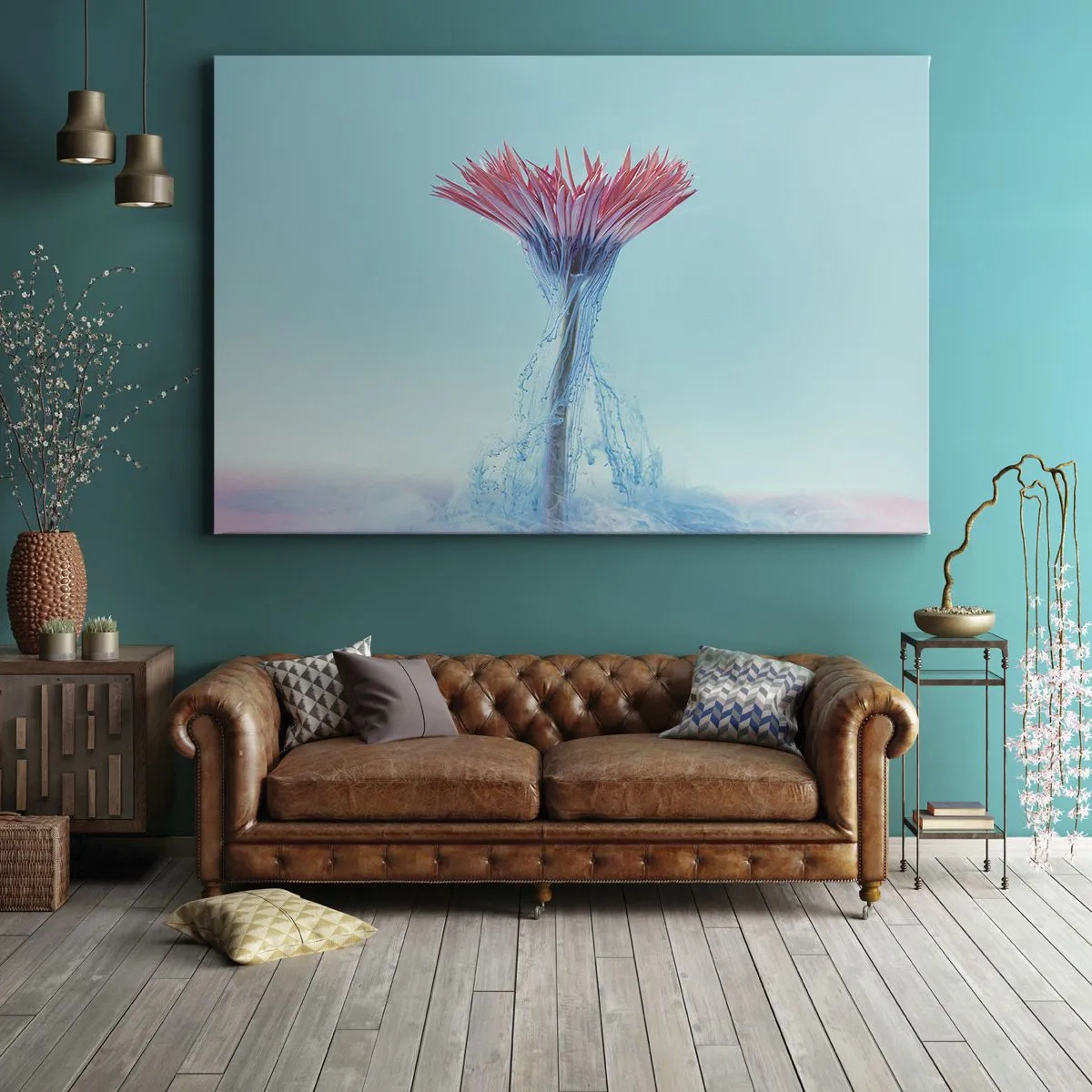 Quadro em tela - Uma flor rosa e azul em um arranjo artístico sobre um fundo pastel - 70x50cm - Num abraço revigorante - Decoração de parede moderna para a sala de estar e quarto ARTTOR