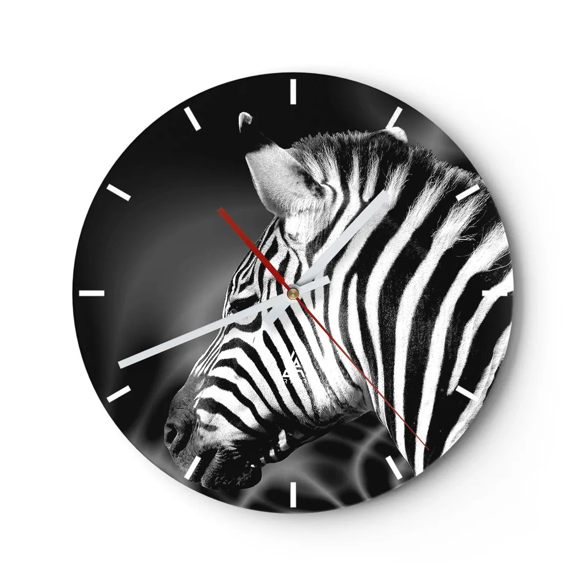 Relógio de parede - Relógio em vidro - Close-up em preto e branco de uma zebra contra um fundo contrastante - 30x30cm - O branco é branco e o preto é preto - Decoração de parede moderna para a sala de estar, cozinha e quarto ARTTOR