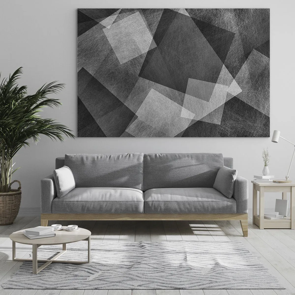 Quadro em vidro - Abstração geométrica em tons de preto, branco e cinza - 70x50cm - Um eterno símbolo da durabilidade e da ordem - Decoração de parede moderna para a sala de estar e quarto ARTTOR