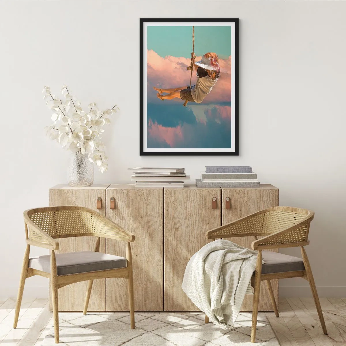 Pôster com moldura preta - Uma mulher em um balanço entre nuvens pastéis - 50x70cm - Diversão nas nuvens - Decoração de parede moderna para a sala de estar e quarto ARTTOR